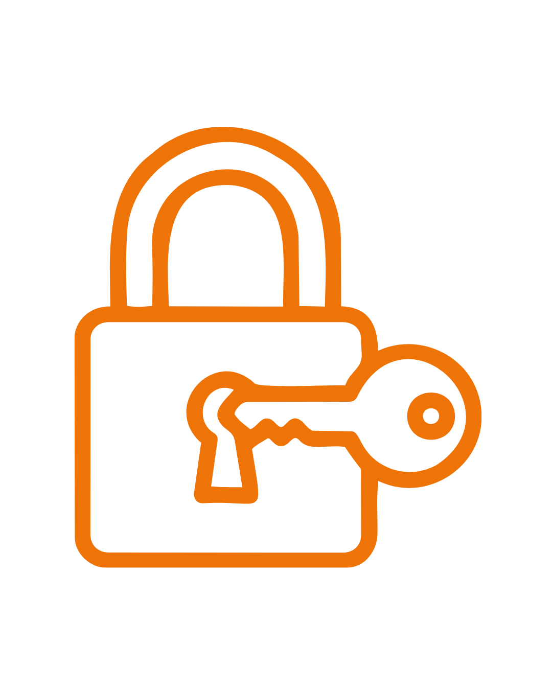 Outline of a padlock and a key in orange.