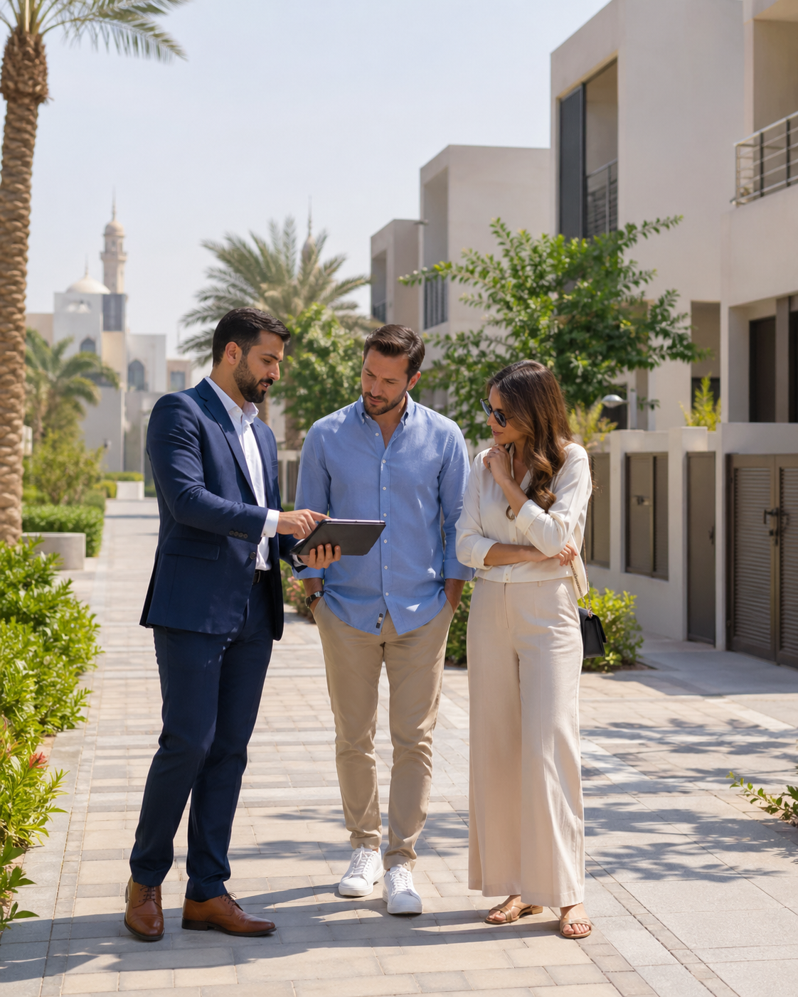 A man in a blue suit shows a tablet to a man in a light blue shirt and a woman in white pants and a white blouse in a residential neighborhood with palm trees and modern buildings.