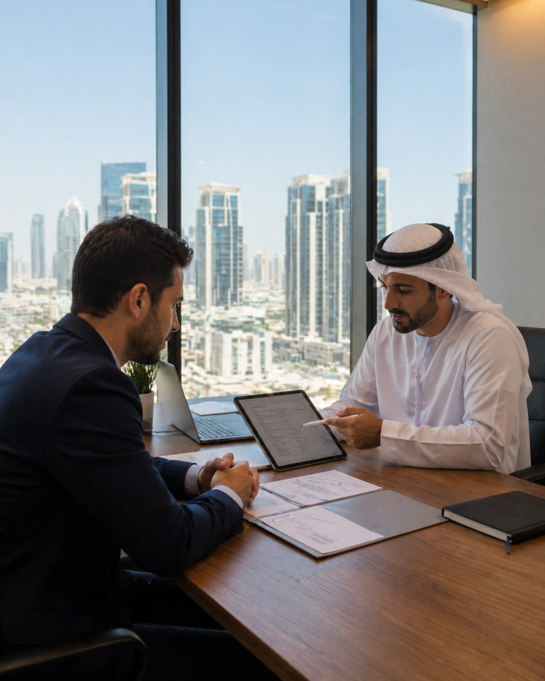 Two men seated at a wooden office table near a large window with a cityscape view, discussing documents and a tablet.
