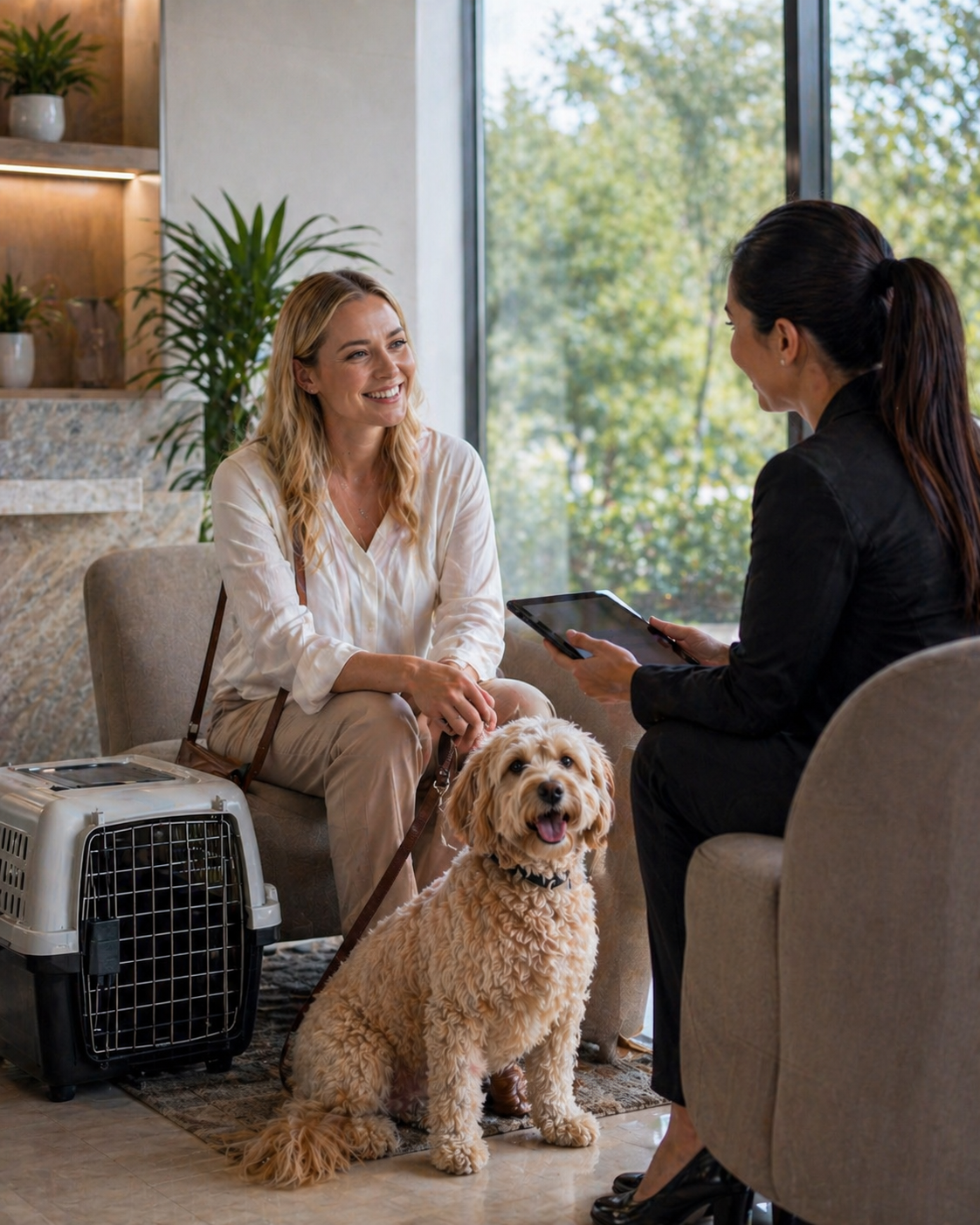 Two women having a conversation in a bright, modern waiting area with a golden retriever dog and a pet carrier nearby. One woman is holding a tablet, and they are sitting near large windows with a view of greenery outside.