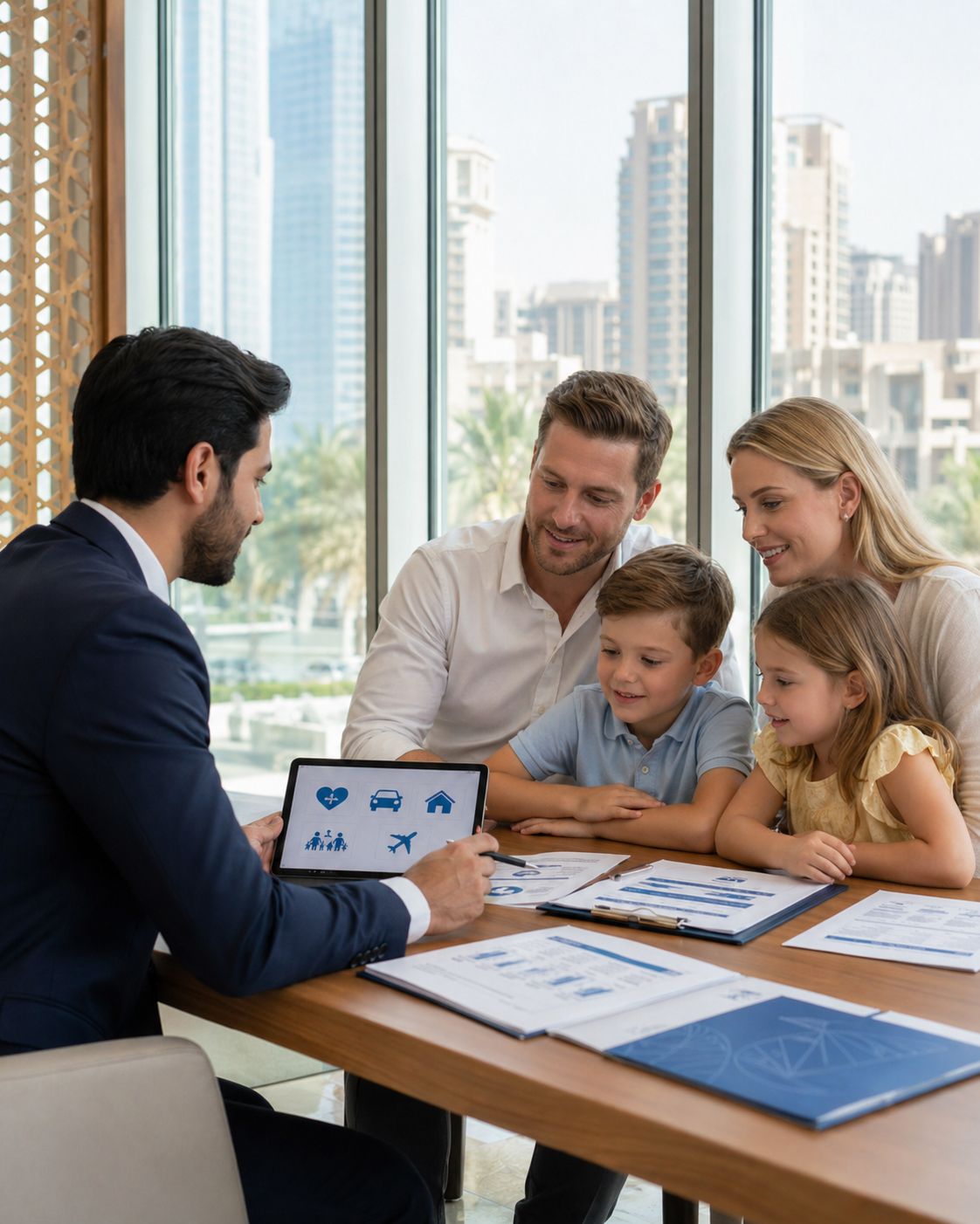 Family meeting with real estate agent in office, discussing property plans on tablet and documents.