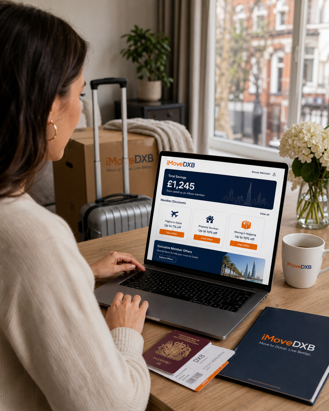 Woman sitting at a desk using a laptop with the iMoveDXB website open, showing savings of £1,245 and discounts on flights, property services, and moving/shipping. She has a passport, boarding pass, and a folder on the desk, with a coffee mug and a potted plant nearby, and a suitcase and moving box in the background.