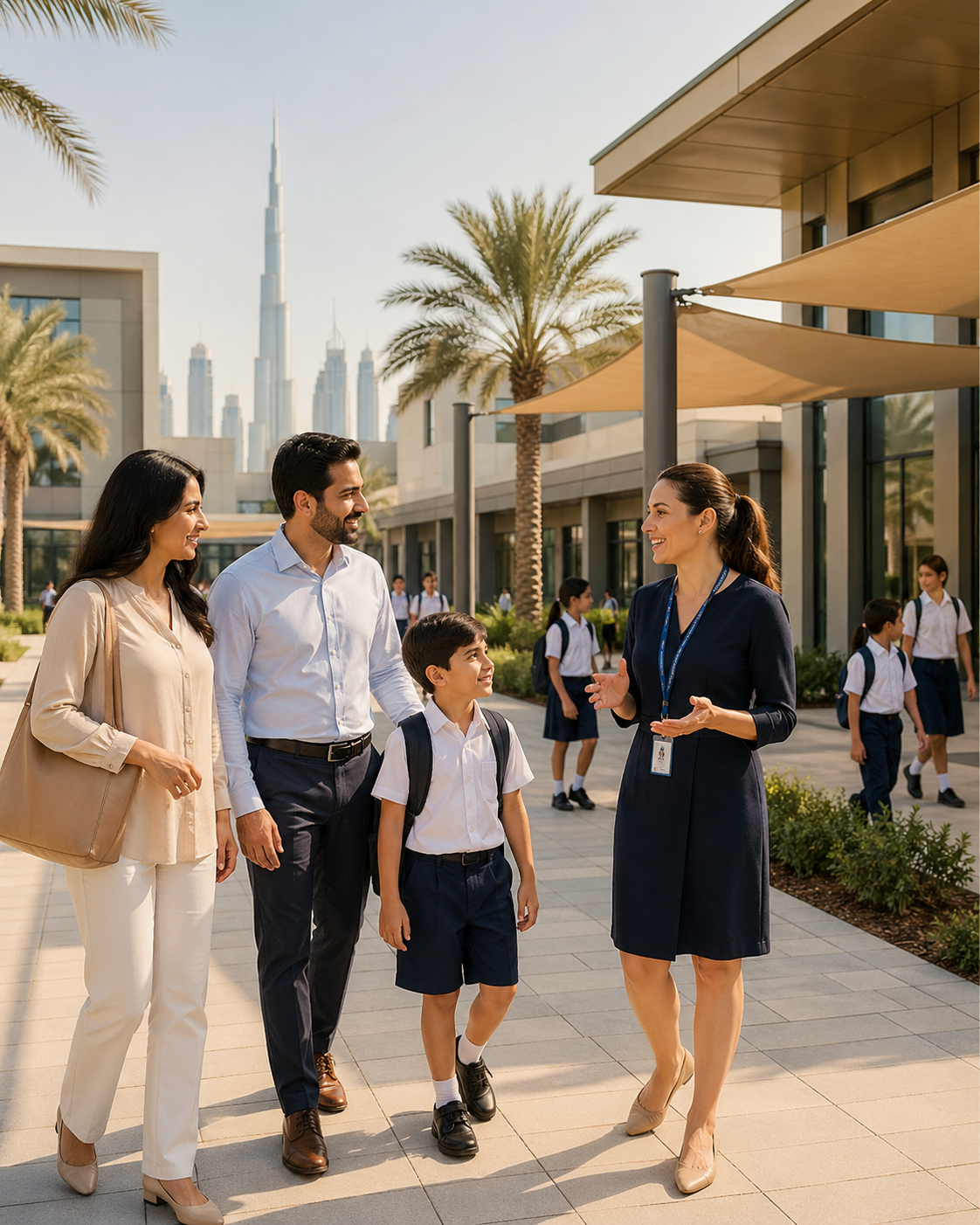 School staff and parents talking outside with students in the background, Burj Khalifa skyscraper visible in Dubai.