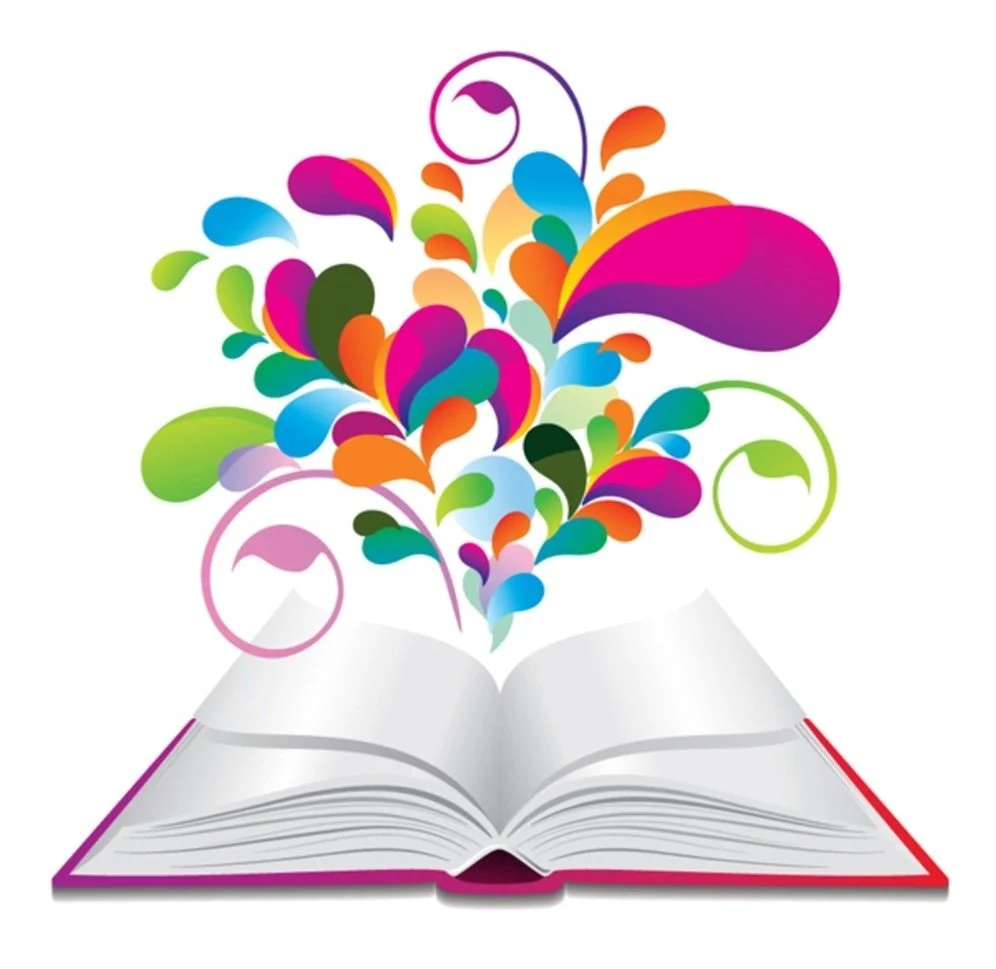 Graphic image of an open book with a magenta cover lying flat with magenta, orange, turquoise and lime green swirls rising above the pages.