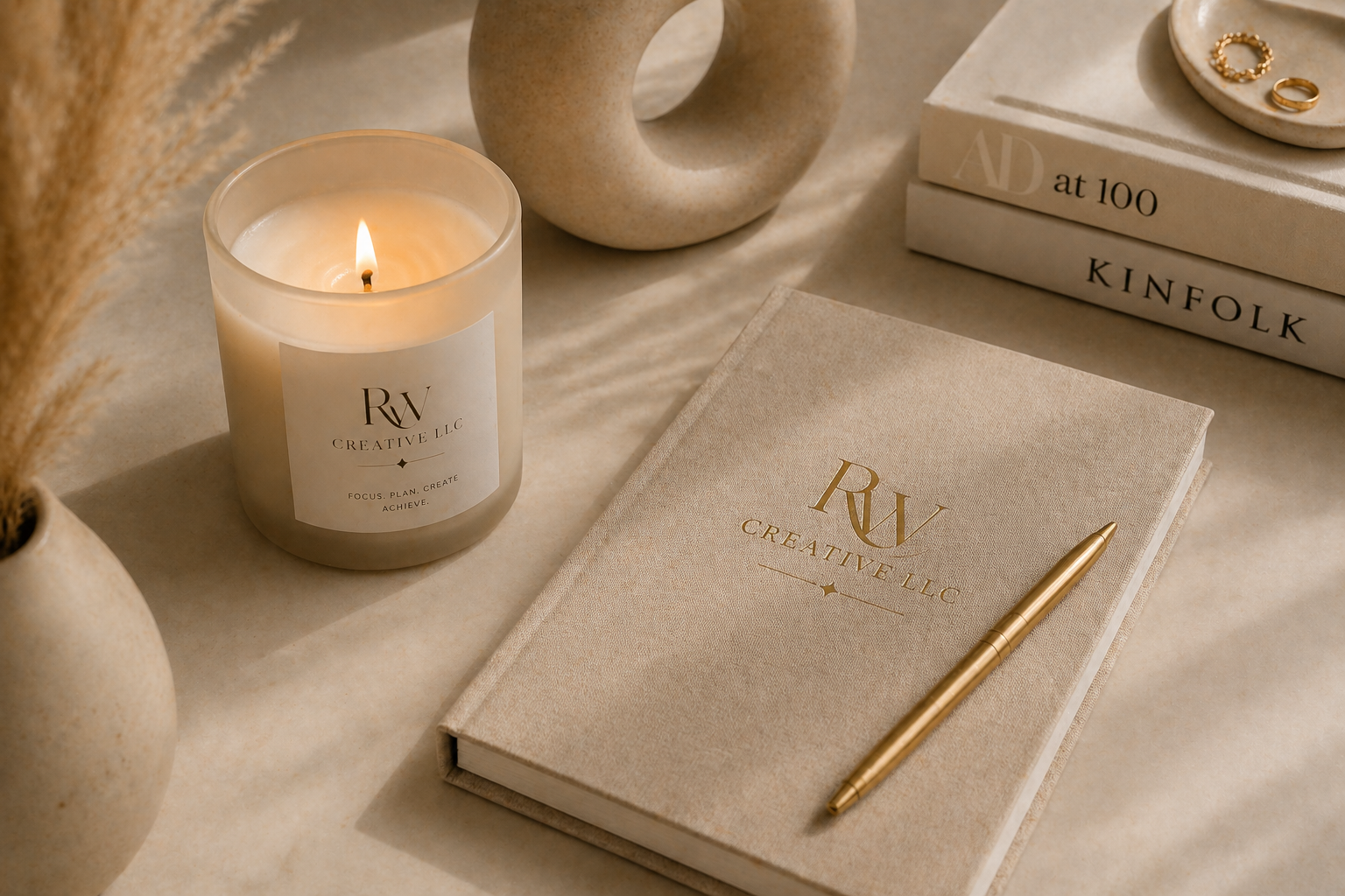 A beige notebook with 'RW CREATIVE LLC' written in gold, a gold pen on top, a lit white candle in a glass holder, a small beige ceramic ring dish with rings, and two stacked books titled 'at 100' and 'KINFOLK' on a neutral-colored surface.