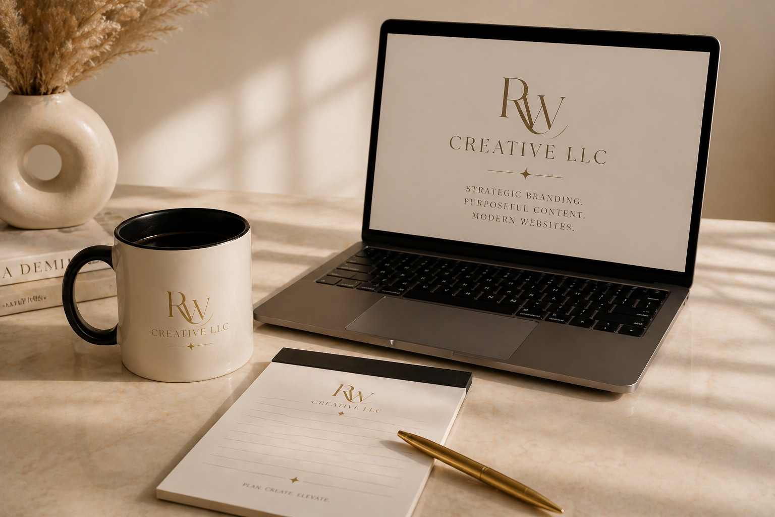 Work desk with a silver laptop, a white coffee mug with black interior, a notepad, a gold pen, and a decorative ceramic vase with dried pampas grass on a marble surface.