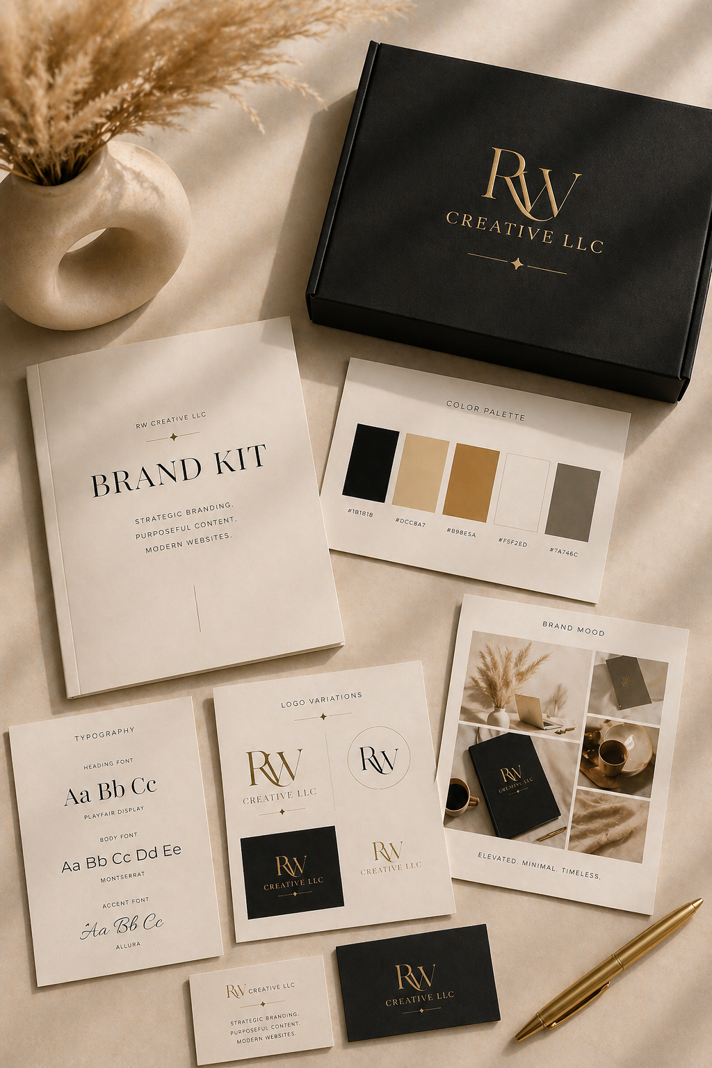 Branding kit with black and gold color scheme, including a black box, booklets, logo variations, color palette, typography, and brand mood images, arranged on a beige surface with a gold pen and a beige vase with dried plants.