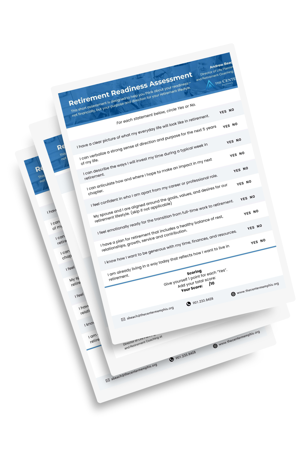 Two sheets of paper titled 'Retirement Readiness Assessment' with questions and answer options, and a scoring section at the bottom.