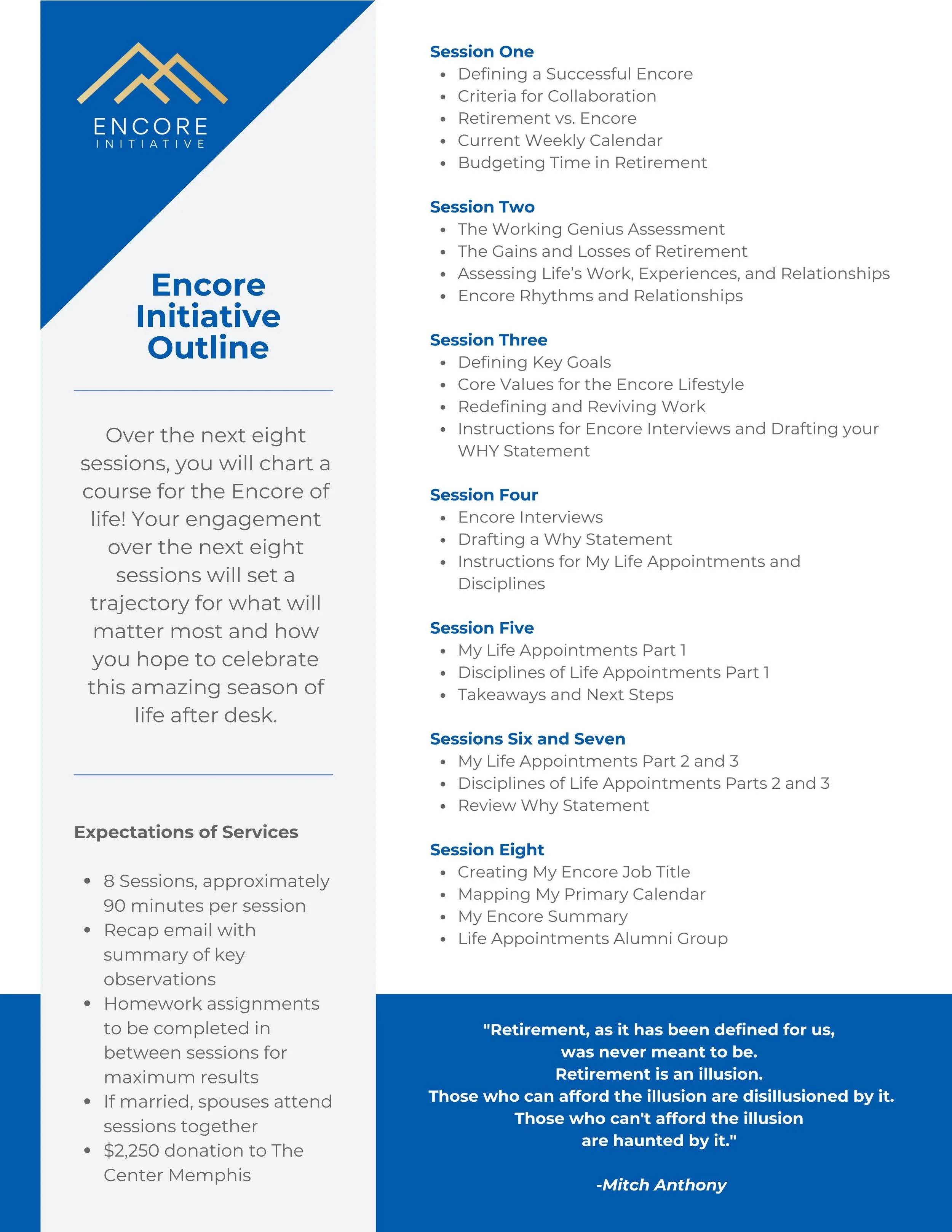 A seminar outline titled "Encore Initiative" listing sessions from one to eight, covering topics like defining a successful encore, assessing life’s work and relationships, setting key goals, conducting interviews, and creating job titles, with a quote about retirement at the bottom.
