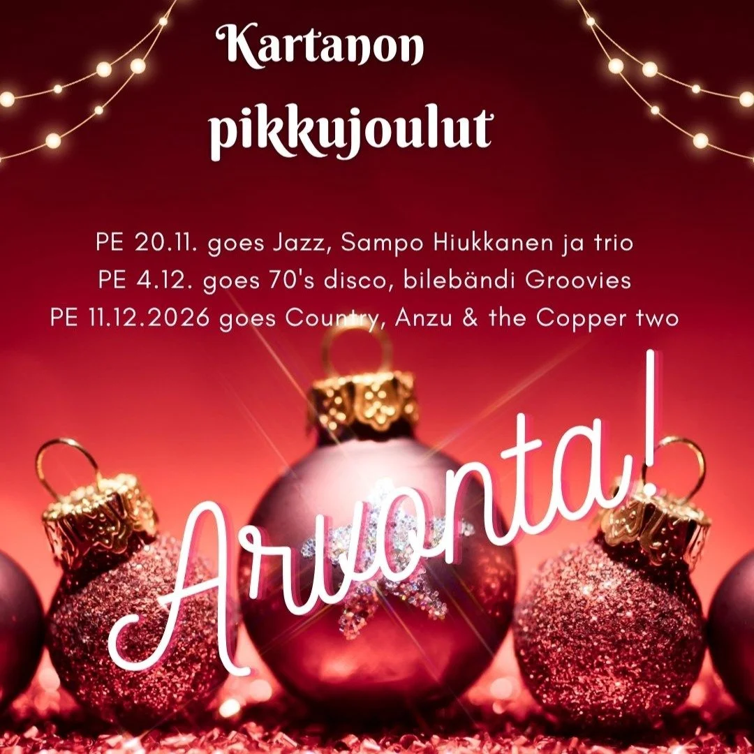 🎁 **ARVOMME PIKKUJOULUT KAHDELLE SEK&Auml; INSTAGRAMISSA ETT&Auml; FACEBOOKISSA!**

Molemmissa kanavissa arvotaan yksi kahden hengen pikkujoulupaketti voittajan valitsemaan teemailtaan.

Palkinto sis&auml;lt&auml;&auml; runsaan joulubuffetin, tervet