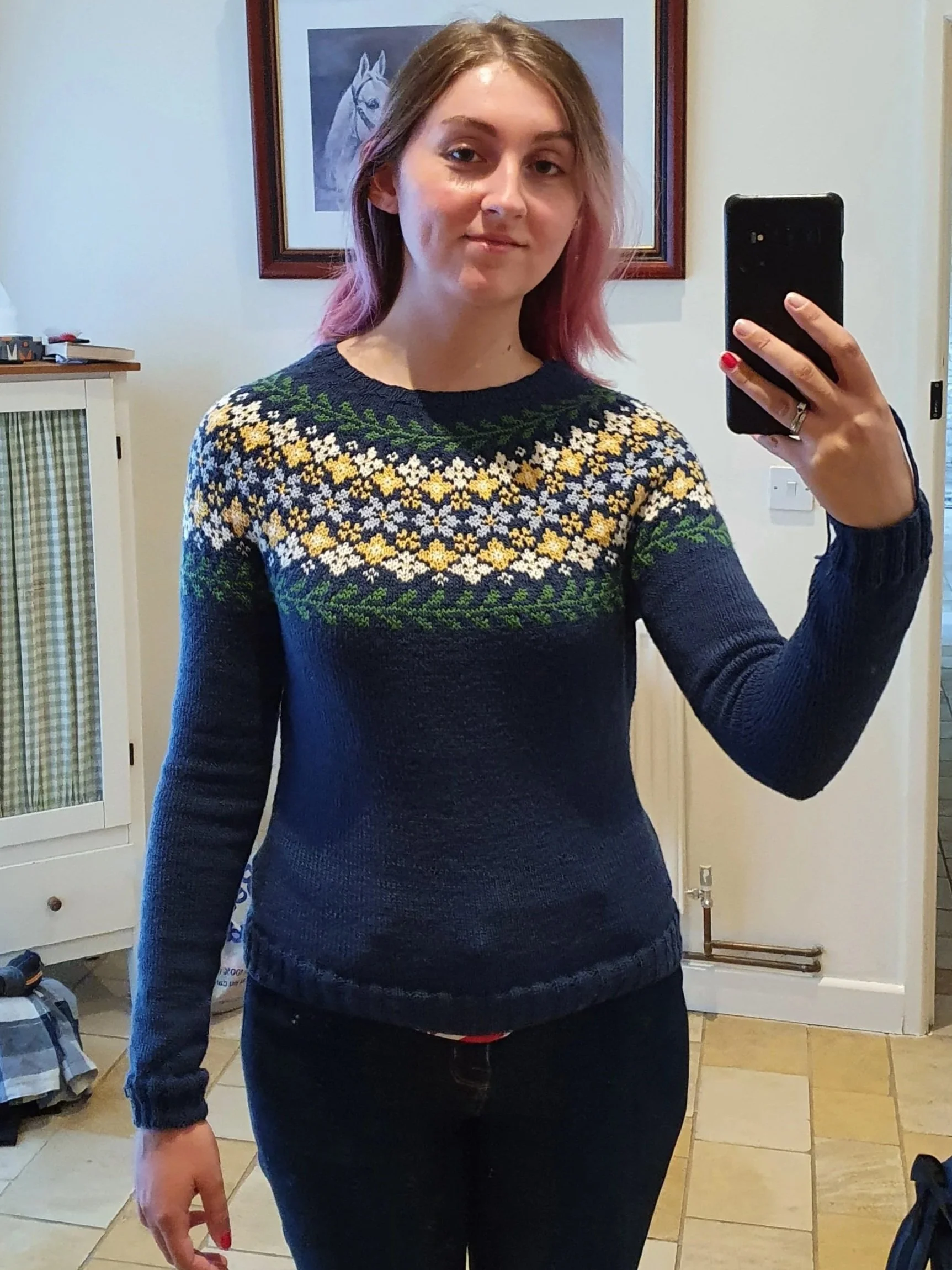 This jumper was customised by combining shaping instructions from Poison Grrls' Honey Bop Cardigan with the yoke of the Birkin jumper by Caitlin Hunter.
