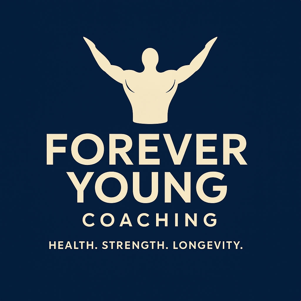 Logo for Forever Young Coaching featuring a muscular human figure with arms raised and the text "Forever Young Coaching," along with the tagline "Health. Strength. Longevity."