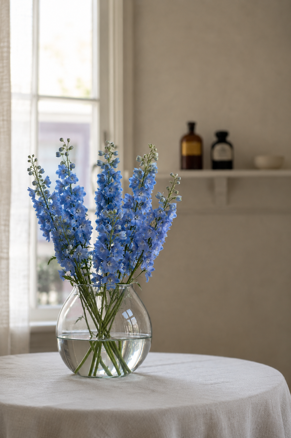 Blommor i en glasvas på ett bord med ett vitt bordsskick framför ett fönster, bakgrund med hyllor och burkar.