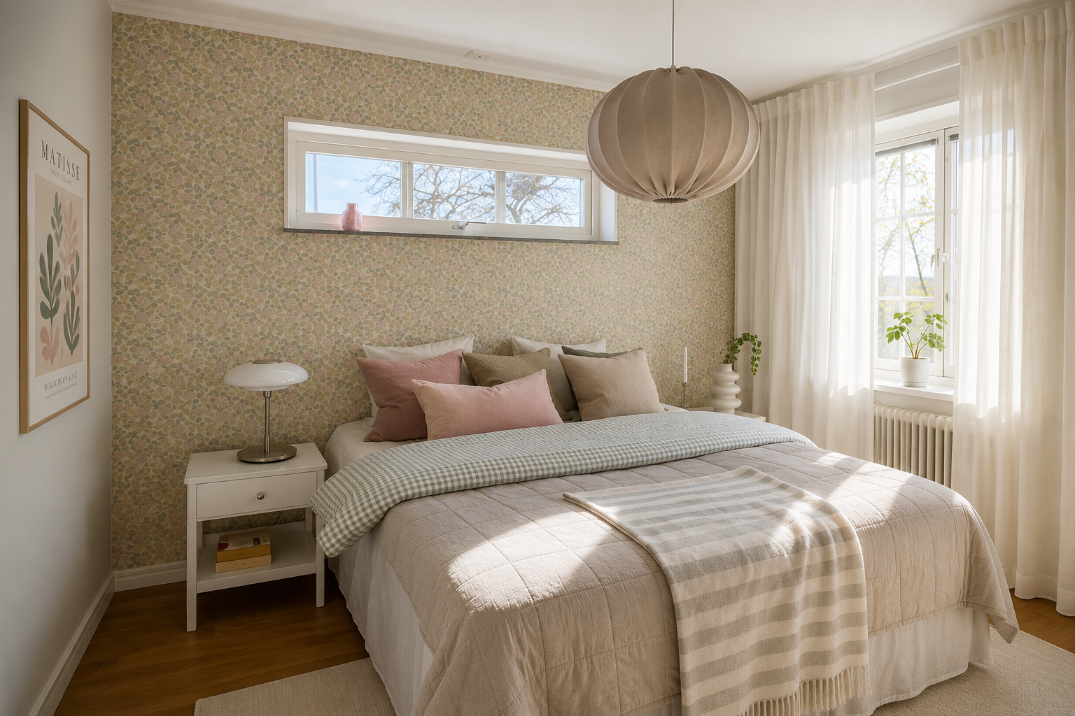 Sovrum med ljusa gardiner, väggtapet med pastellfärger, säng med flera kuddar i rosa, beige och grönt, vänster nightstand med en lampa och böcker, taklampa i papper, fönster med växter vid fönstret.