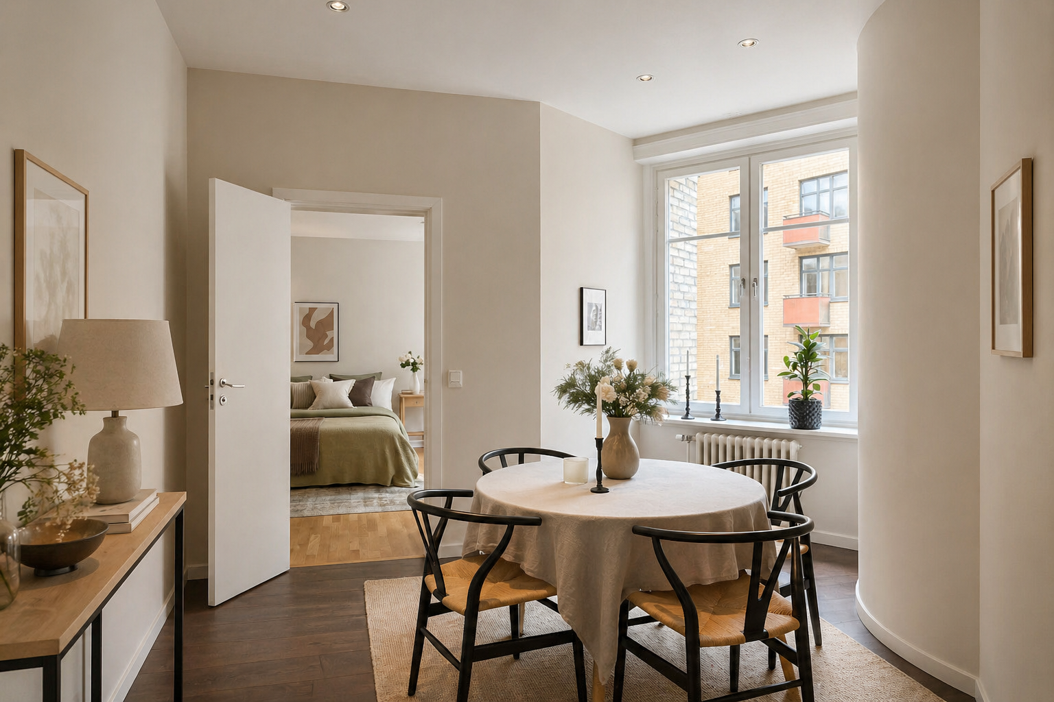 Vardagsrum och matsal med stort fönster, rund matbord med blommarrangemang, fåtöljer, parkettgolv, avskärmad sovrum i bakgrunden.