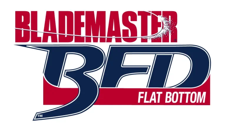 Blademaster BFD flat bottom logo with red and blue text and design elements.