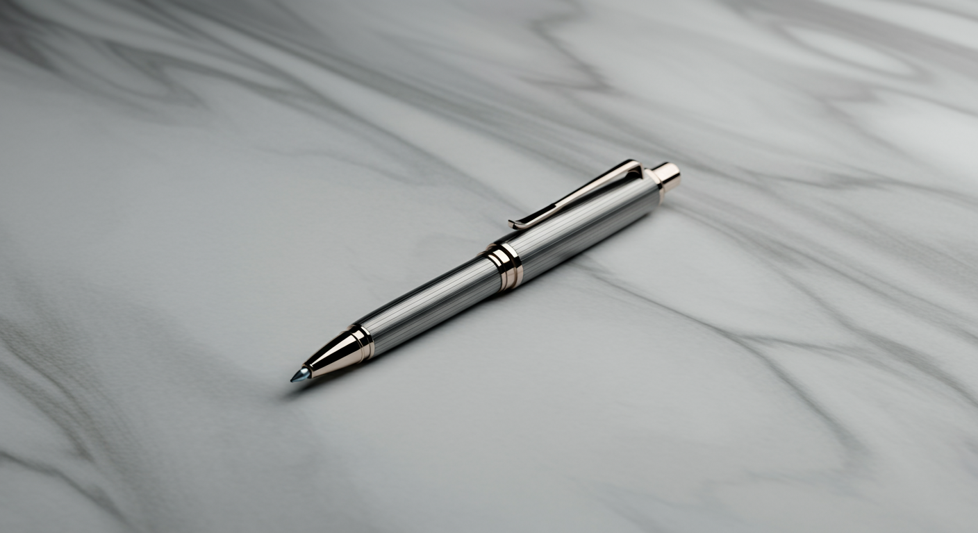 A silver pen with a black tip and clip rests on a white marble surface.