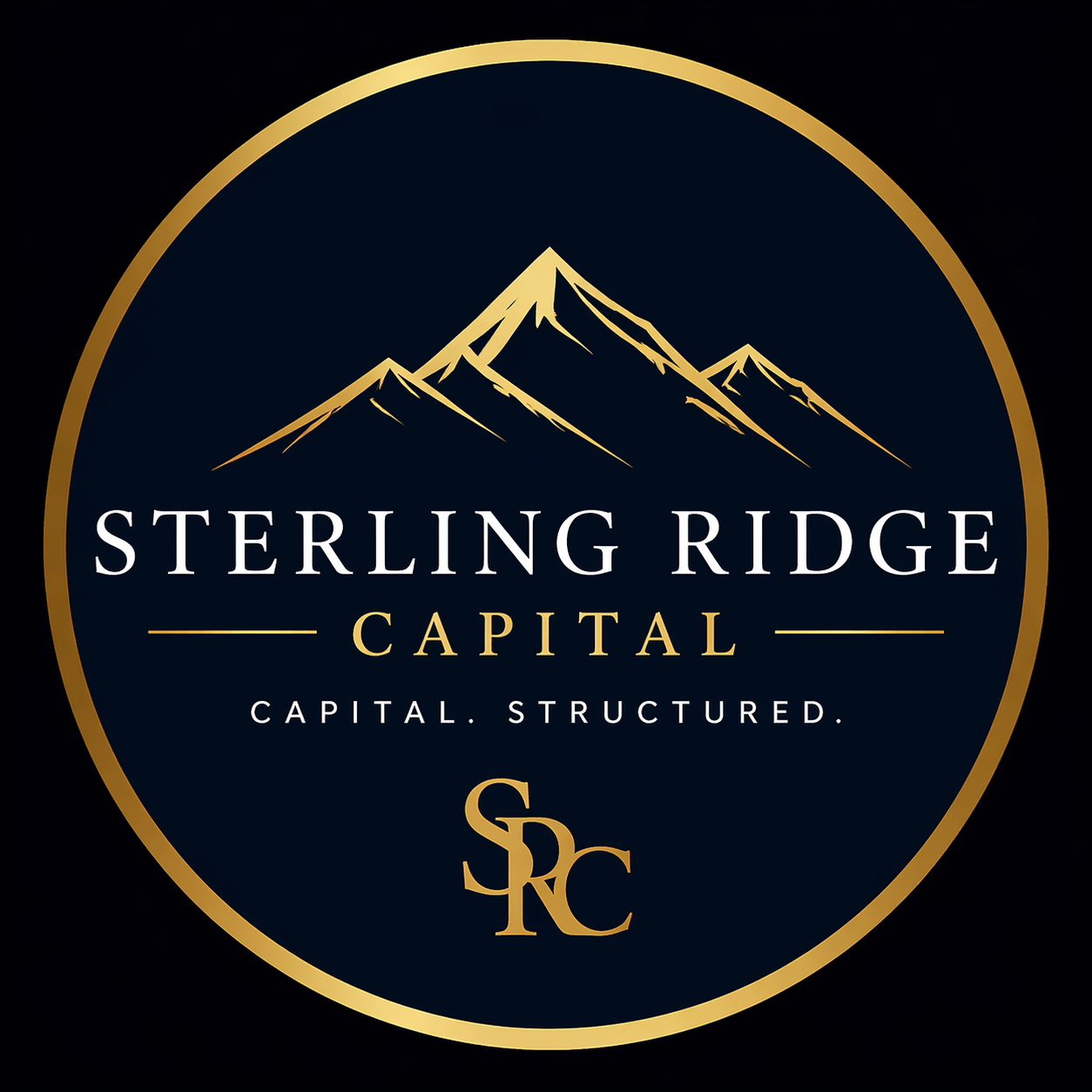 Logo for Sterling Ridge Capital featuring a mountain range illustration, with the words 'Sterling Ridge' in large font, 'Capital' below in gold, and the tagline 'Capital. Structured.' at the bottom, all within a circular gold border.