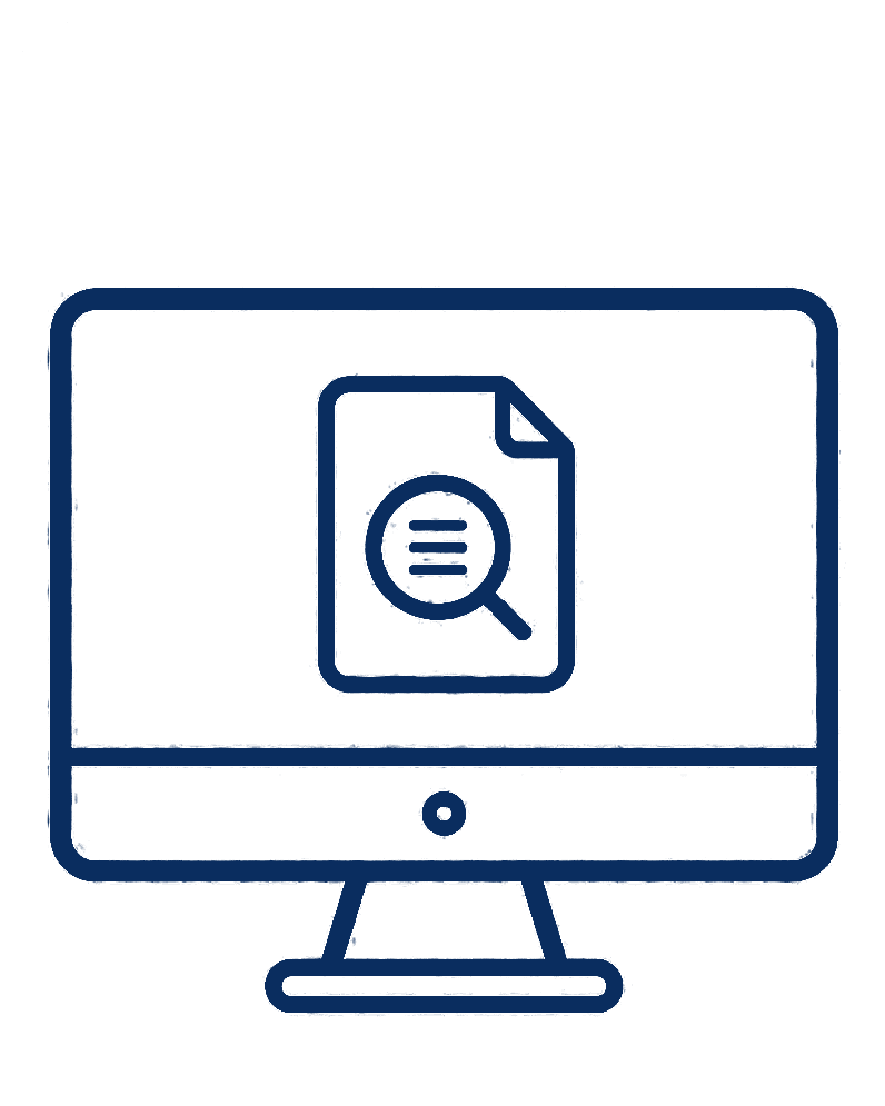 Line drawing of a desktop computer monitor displaying an icon of a document with a magnifying glass inside it, representing search or analysis of a document.