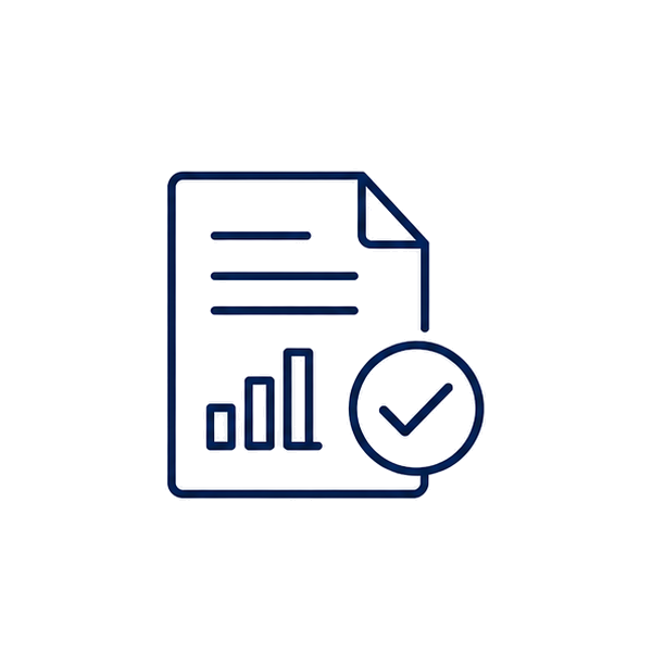Icon of a report or document with a bar graph, a folded corner, and a checkmark