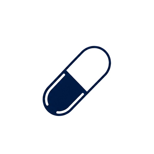 A close-up image of a black and white capsule-shaped medication pill with a dark blue band in the middle, resting on a black, white, and yellow background.