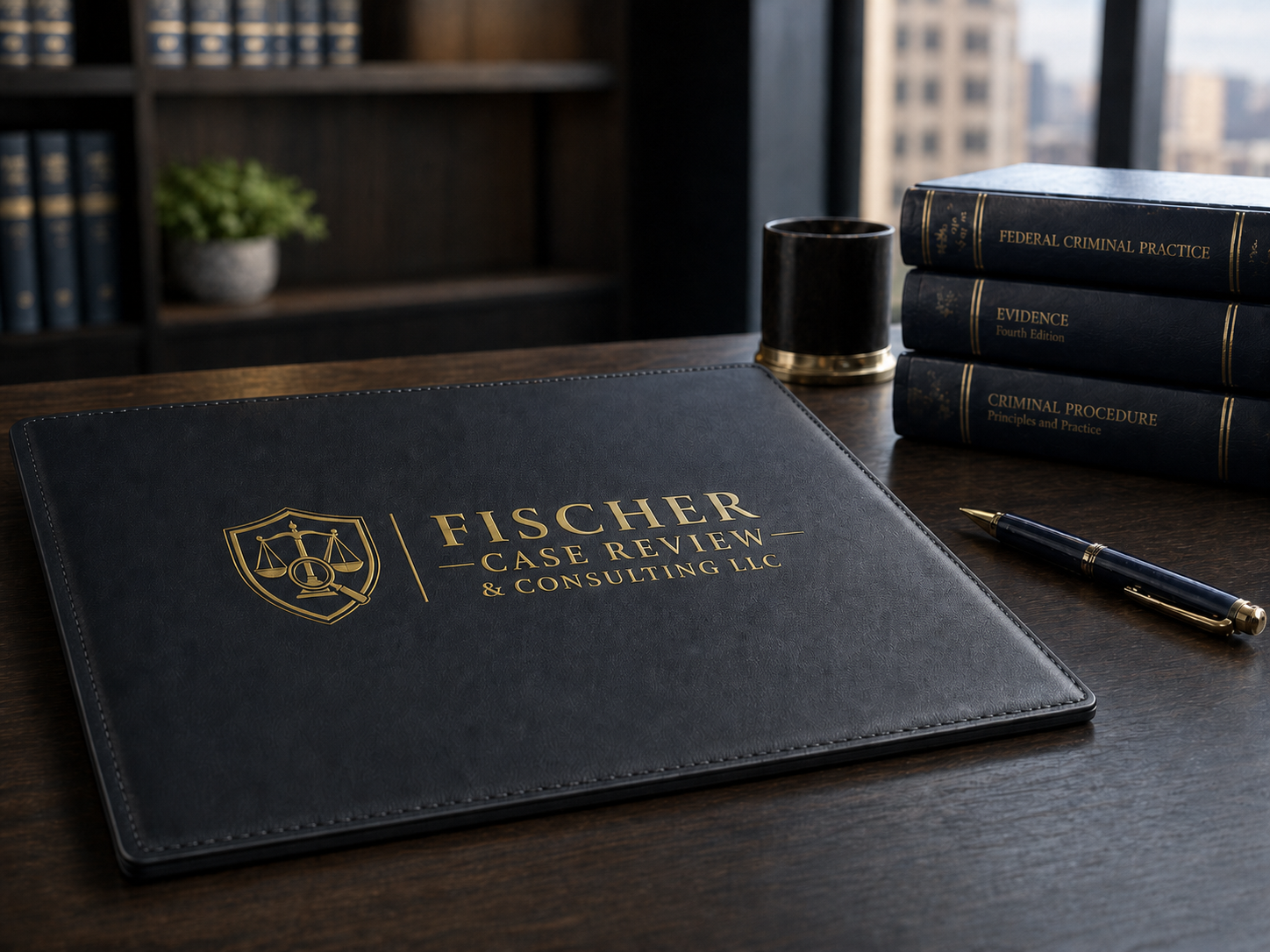A professional desk setup with a black portfolio labeled 'Fischer Case Review & Consulting LLC', three law books titled 'Federal Criminal Practice', 'Evidence', and 'Criminal Procedure', a black and gold coffee mug, a black pen with gold accents, and a small potted plant in the background.