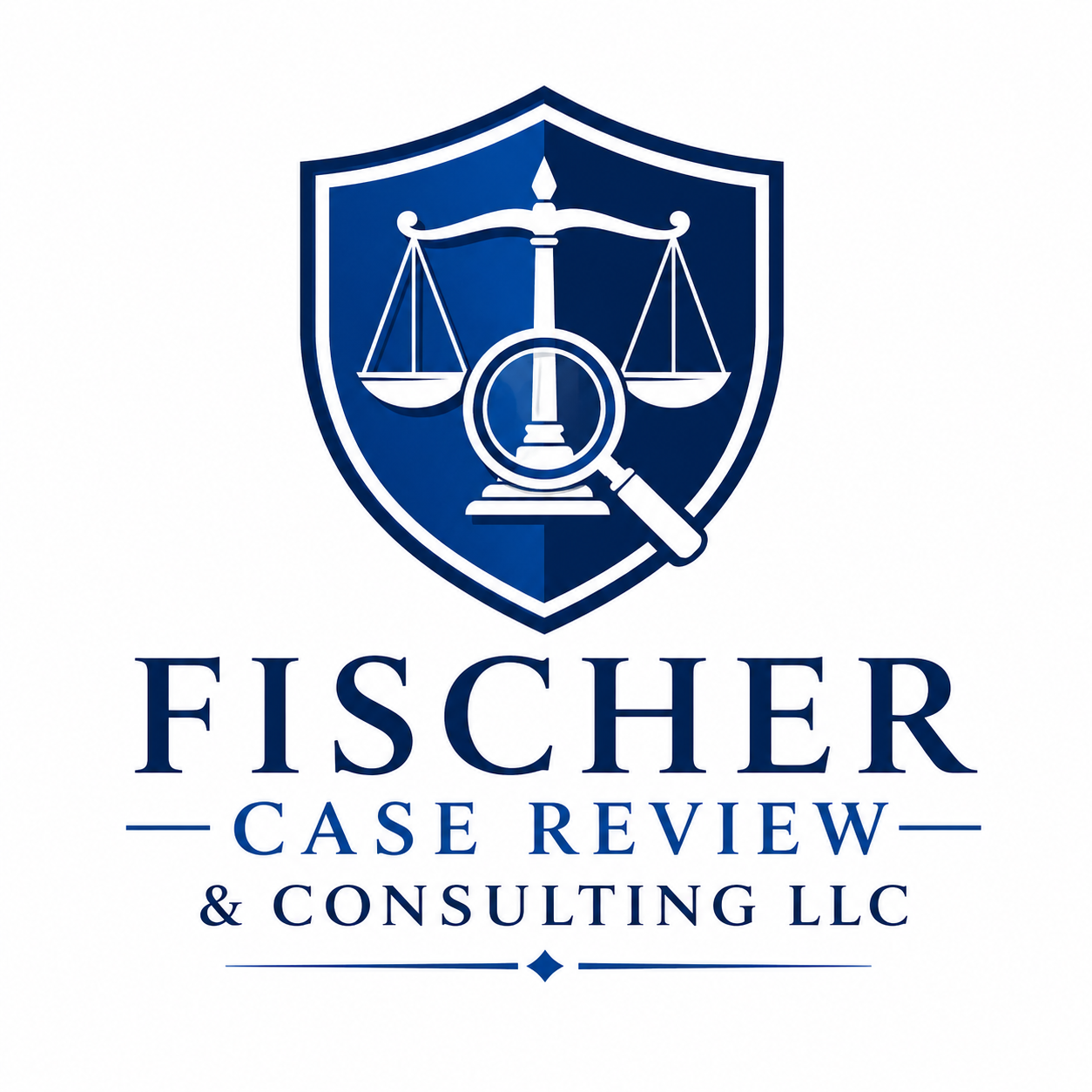 Fischer Case Review & Consulting LLC logo featuring a shield with scales of justice and a magnifying glass