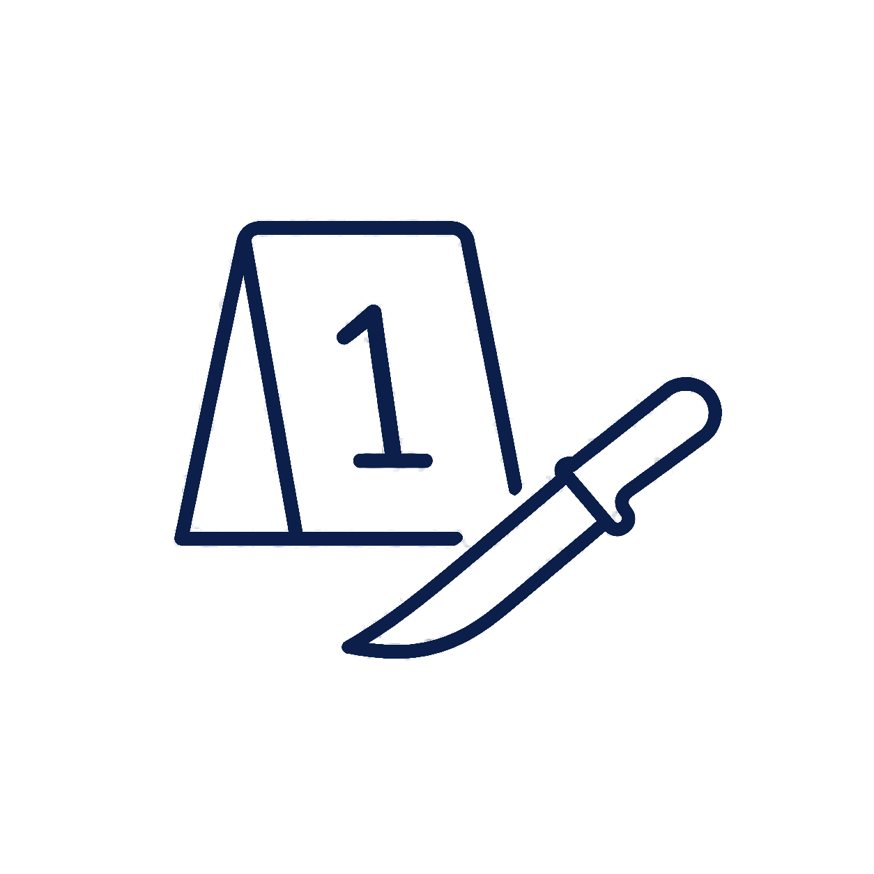 A cartoon illustration of a cone with the number 1 on it, a knife, and a pipette, all drawn with blue outline on a black background.