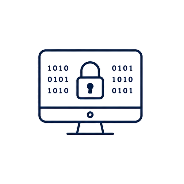 A computer monitor displaying a padlock symbol and binary code, representing cybersecurity or data encryption.