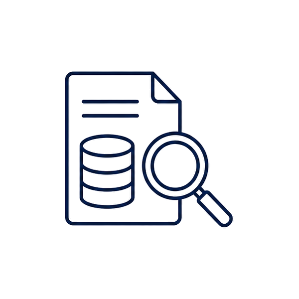 Icon of a document with stacked coins and a magnifying glass.