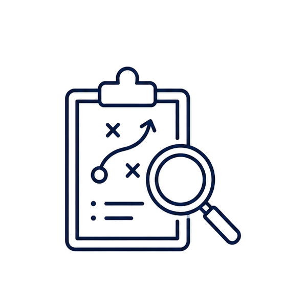 Line drawing of a clipboard with strategy diagram, a magnifying glass over it.