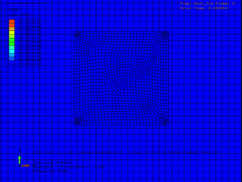 Finite element analysis mesh with color-coded heat transfer results displayed.