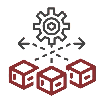 Serial Production - Diagram of blockchain technology with interconnected blocks and a gear symbol representing a network or system
