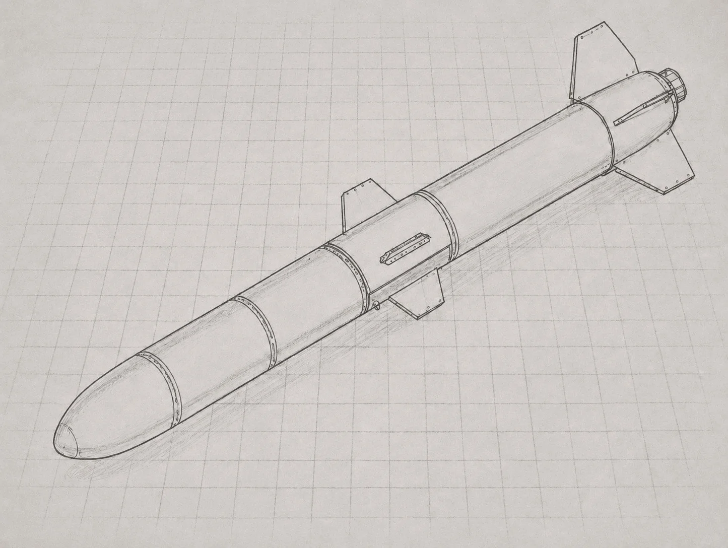 Technical drawing of a rocket with four fins on a grid background.