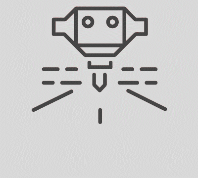 Minimalist line drawing of a robot's head with laser beams or light coming from the mouth area, on a gray background.