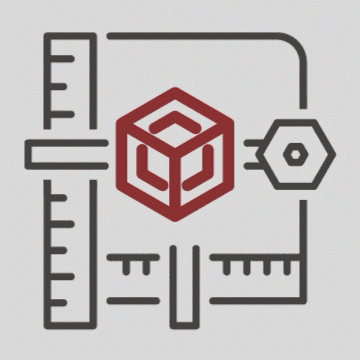 Line drawing of a 3D cube, rulers, and a gear, representing technical design or engineering concepts.