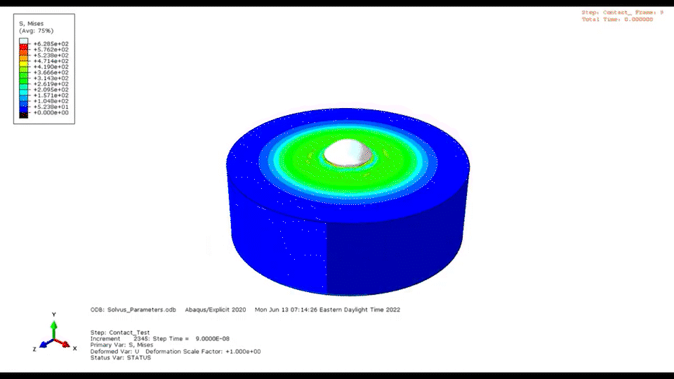 Color-coded finite element analysis model of a cylindrical object with a hollow center, showing stress distribution levels with a legend indicating values from 0 to over 75.