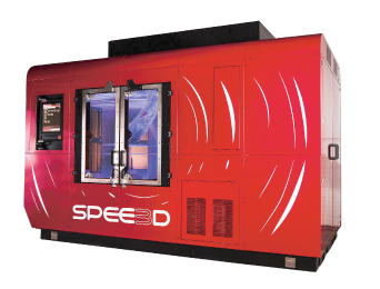 A red 3D printer with a transparent front panel and control screen on the side.
