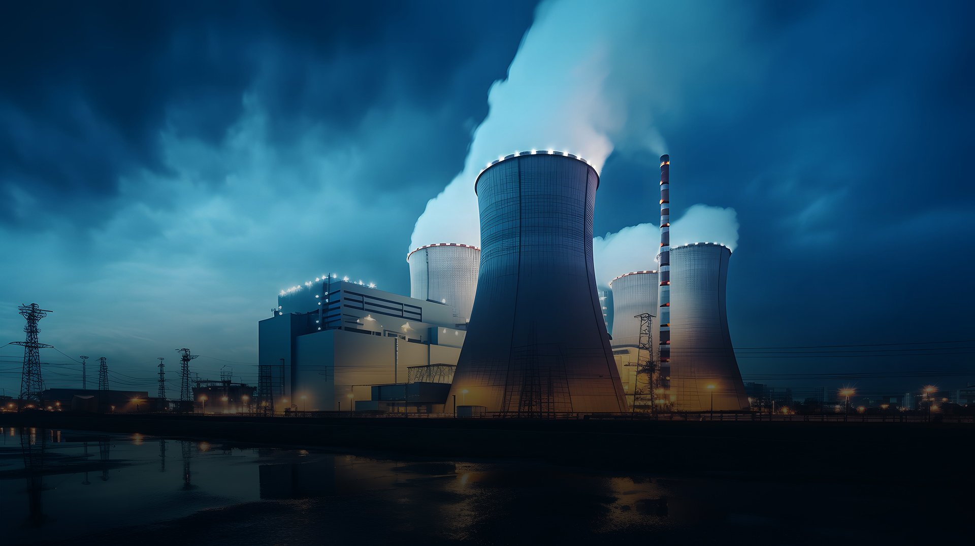 Cooling towers and smokestacks at a nuclear power plant emitting steam into a darkening sky.