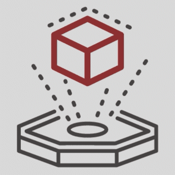 An illustration of a 3D cube above a circular platform with dashed lines indicating rotation.