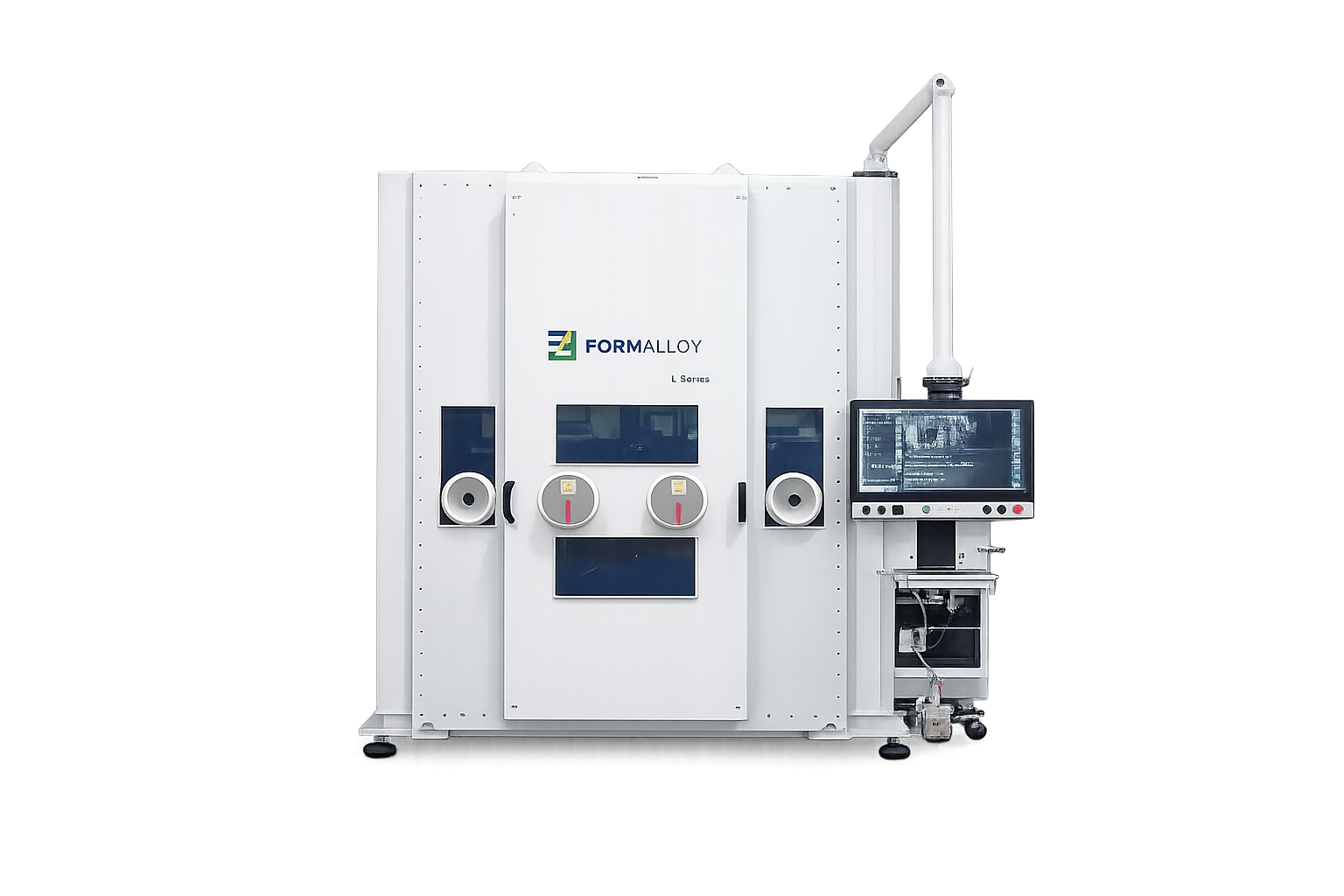 Advanced robotic manufacturing machine with multiple screens and robotic arm, labeled 'Formalloy,' used for industrial automation.