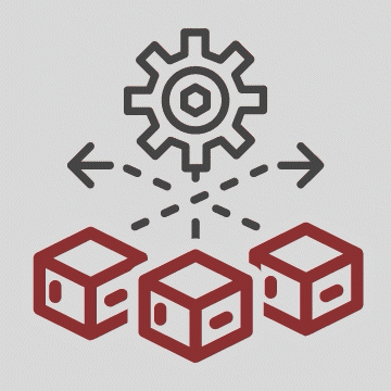 Diagram showing a gear connected to three red blocks, representing a blockchain or distributed ledger system.