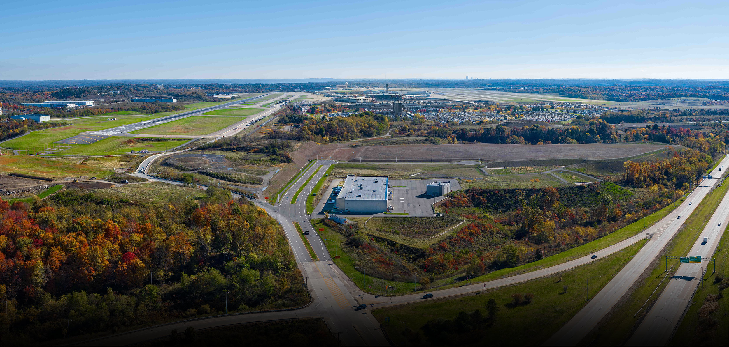 Aerial view of Neighborhood 91 - The Advanced Manufacturing Production Ecosystem at the Pittsburgh Airport.