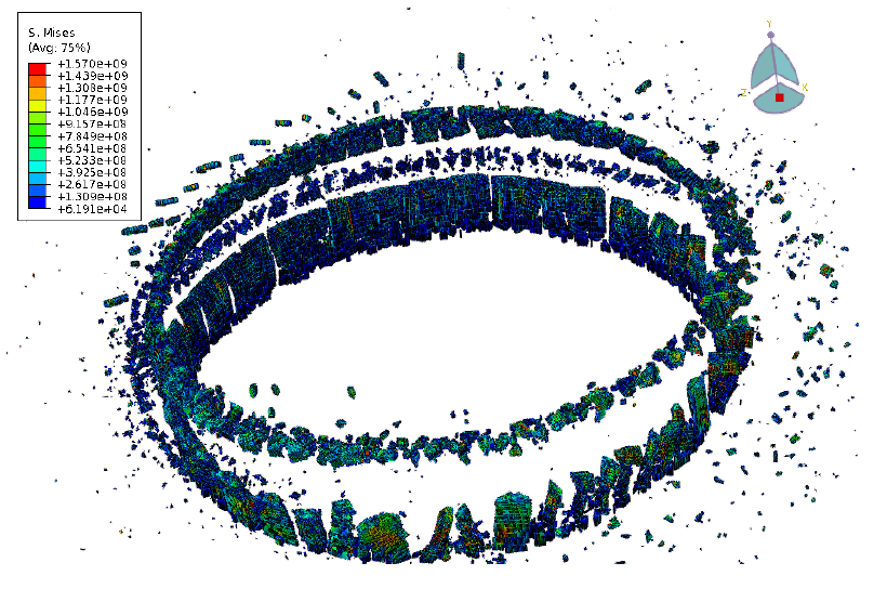 3D digital topographical map of a circular structure with a color-coded legend on the left, indicating height variations, and an overhead view compass in the top right corner.