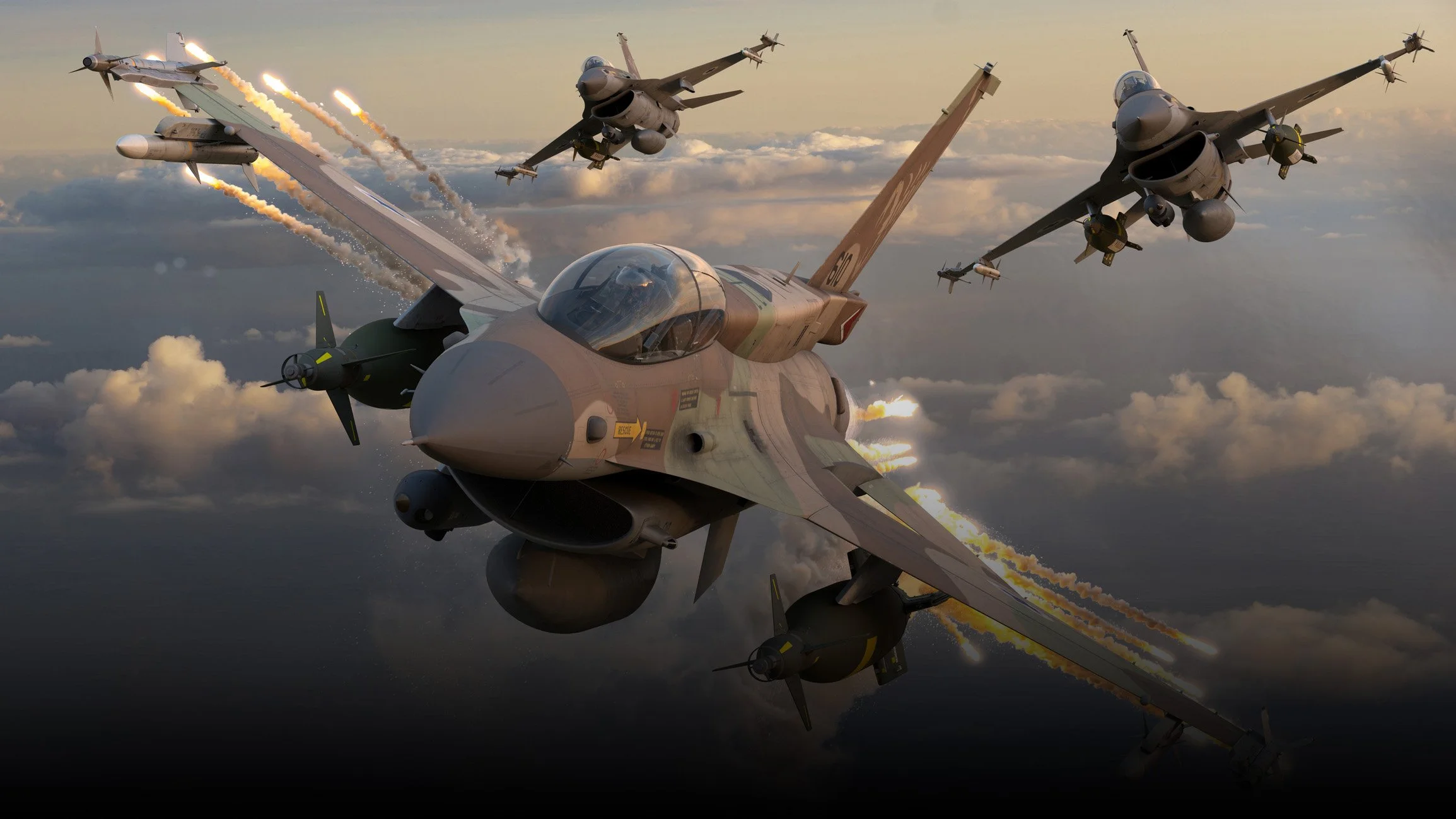 Multiple fighter jets flying in formation through the sky during daylight, with one jet in the foreground and others in the background, some firing missiles or flares.