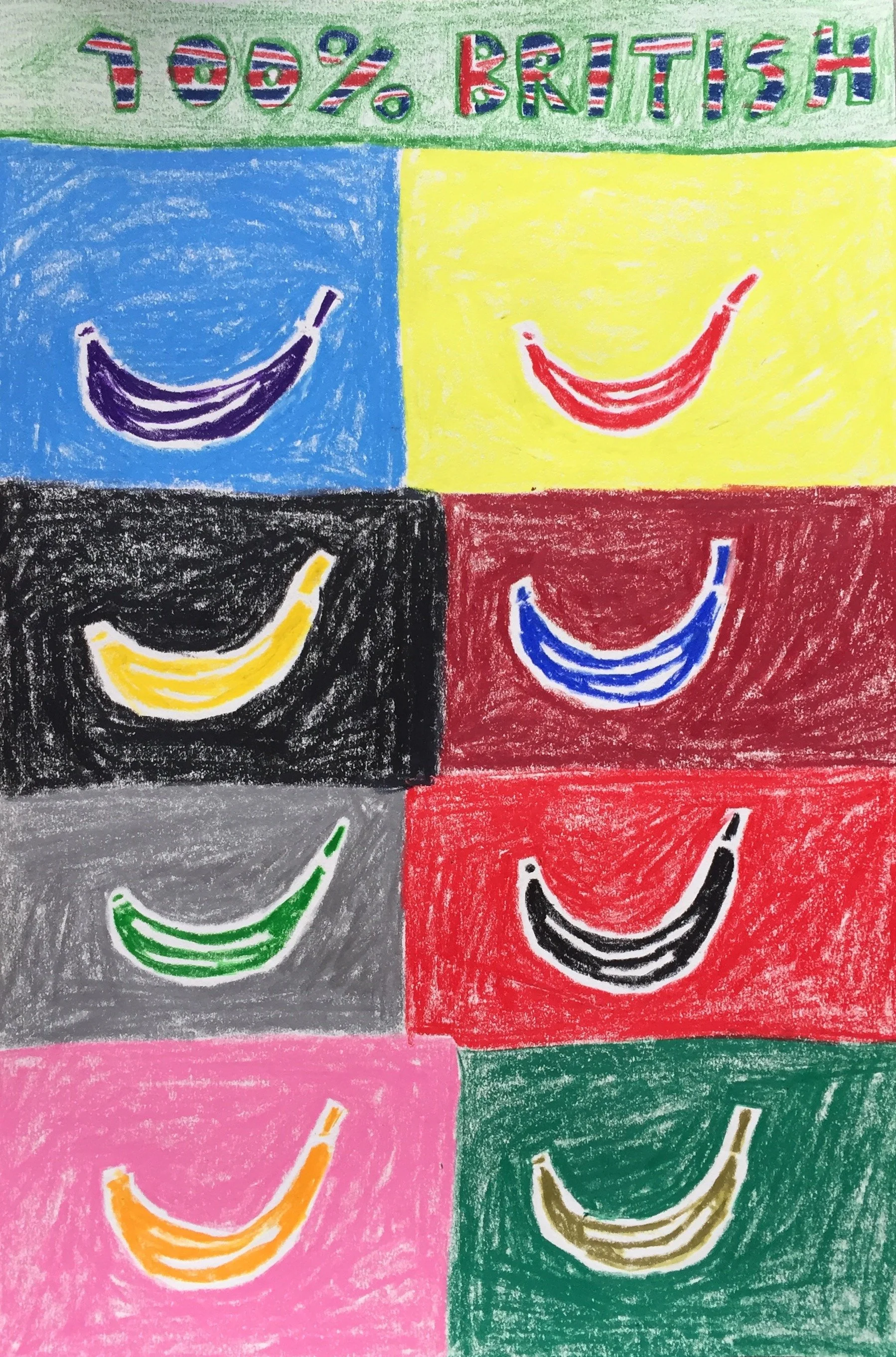 100% British, 2016
Wax oil pastel on paper
25 x 37 cm