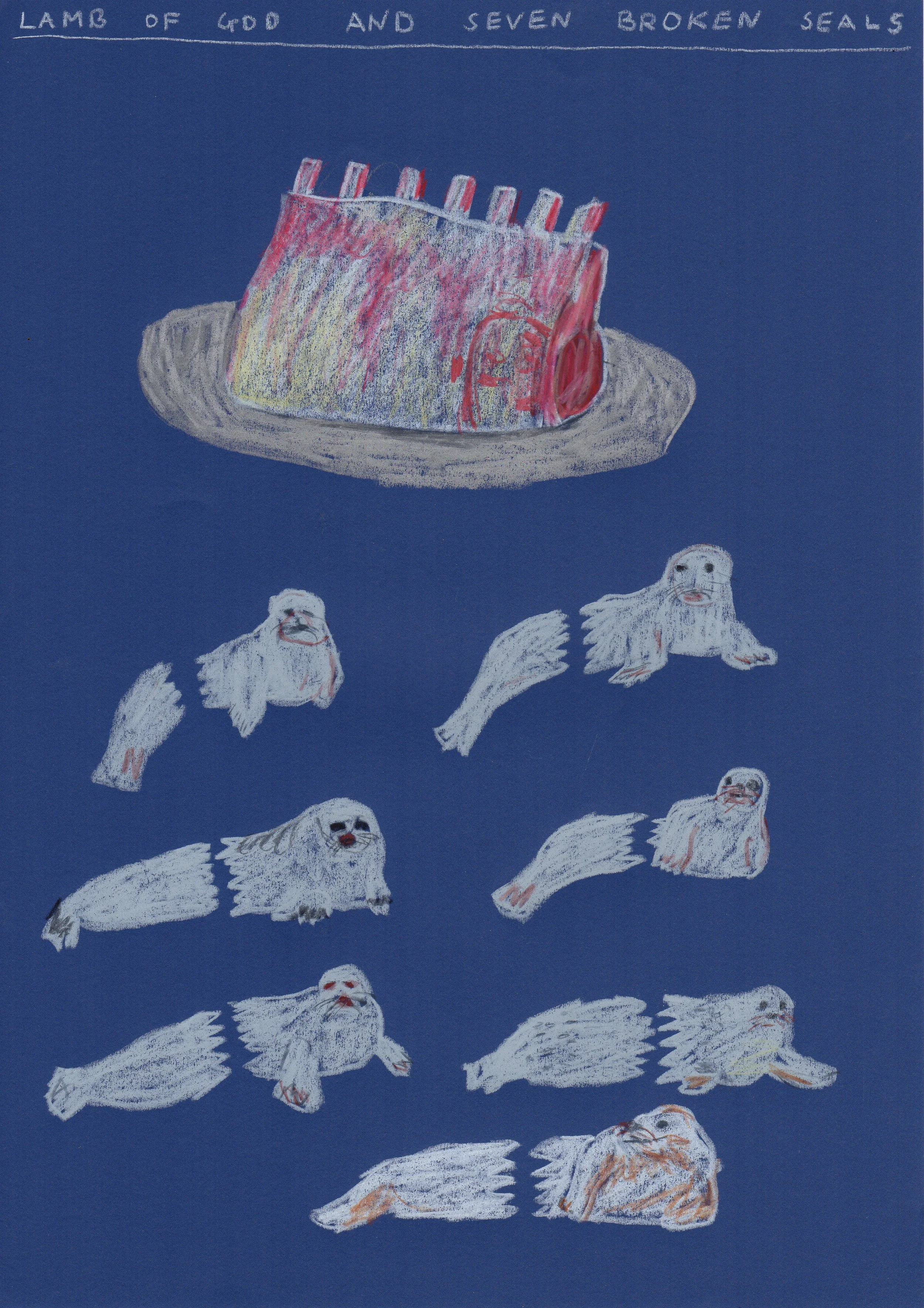 Lamb of God and Seven Broken Seals, 2018
Wax Oil Pastel on Paper
42 x 30