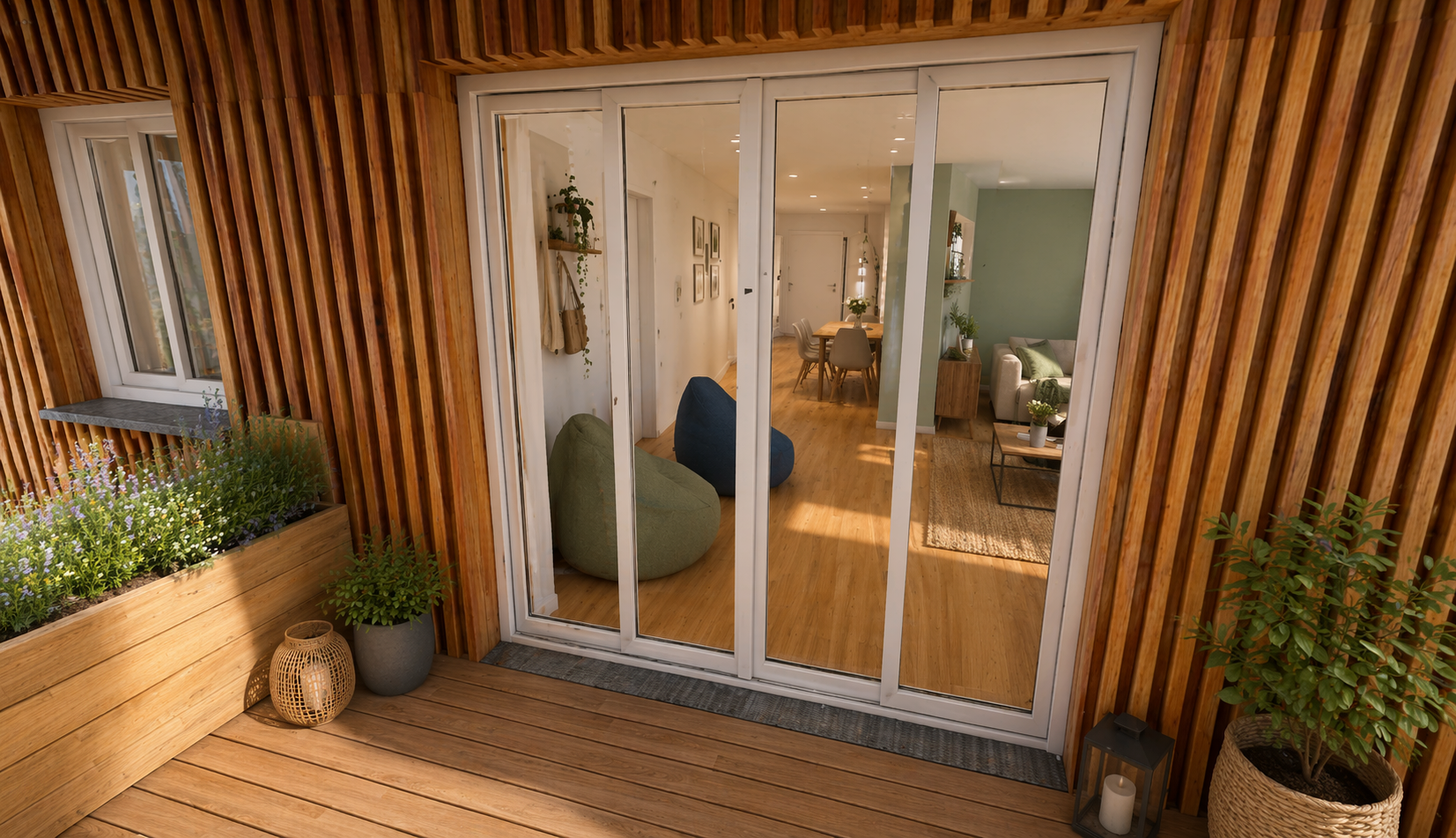 Blick durch eine Glas-Schiebetür auf eine moderne, gemütliche Wohnung mit Holzfußboden, grünen und blauen Sitzgelegenheiten, einem Esstisch und Wohnmöbeln. Der Balkon ist mit Holz belegt und hat topfpflanzen, eine Laterne und eine Pflanze im Topf.