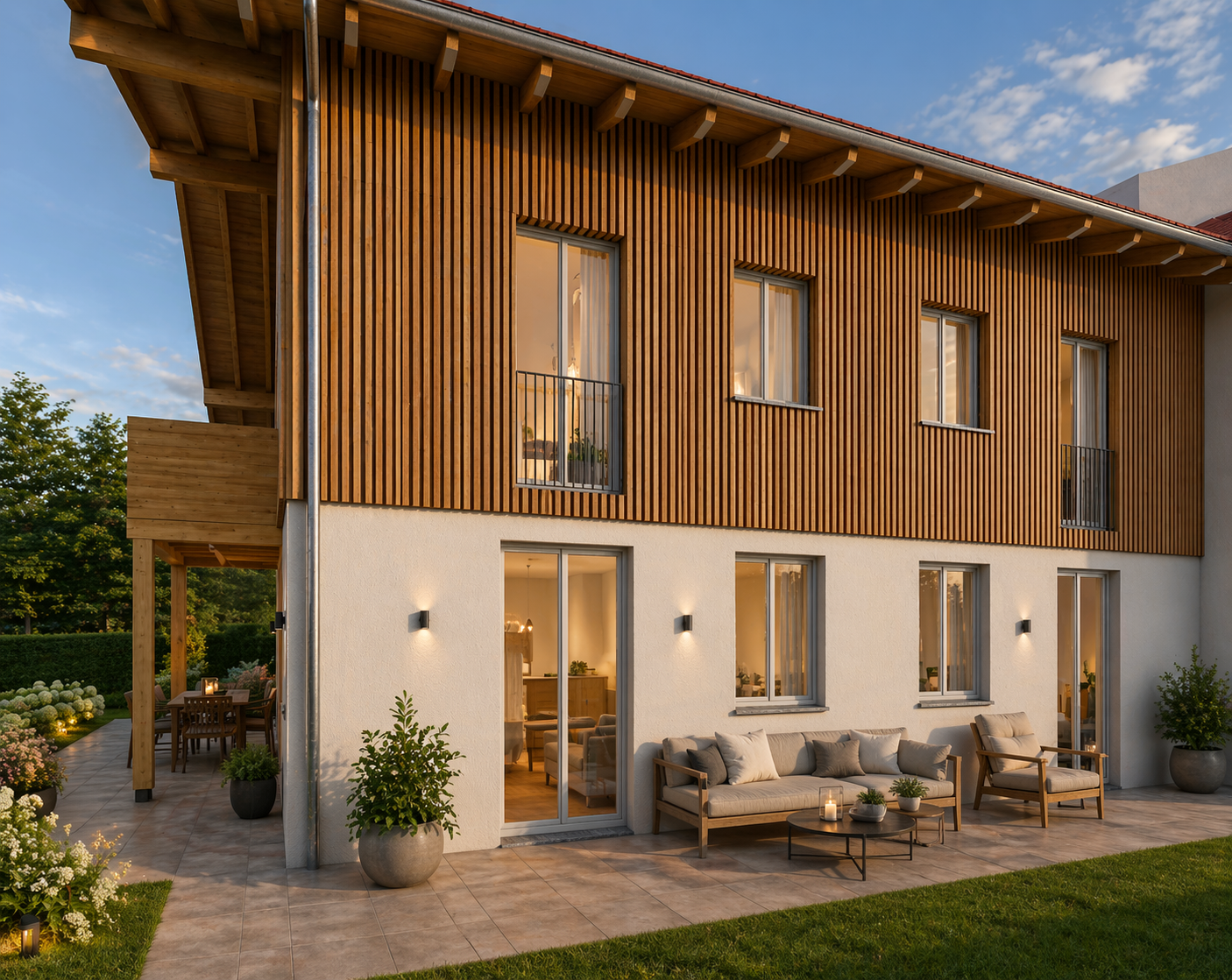 Moderne zweistöckige Wohnung mit Holzfassade und Terrasse bei Sonnenuntergang, mit Gartenmöbeln und Pflanzen.