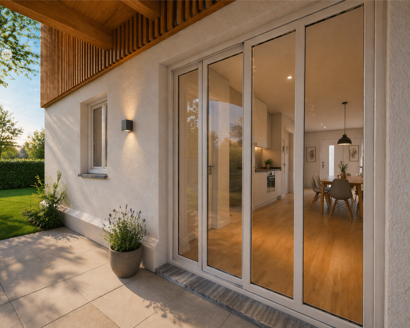 Blick durch eine große Glastür in die helle, moderne Küche und den Essbereich eines Hauses mit Holzdielenboden und eleganter Inneneinrichtung. Draußen ist eine Terrasse mit Pflanztöpfen und Garten zu sehen, bei Sonnenuntergang.